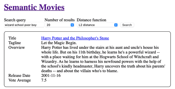 Homepage titled Semantic Search, search query 'wizard school poor boy', L2 distance function selected, the top result is Harry Potter and the Philosopher's Stone