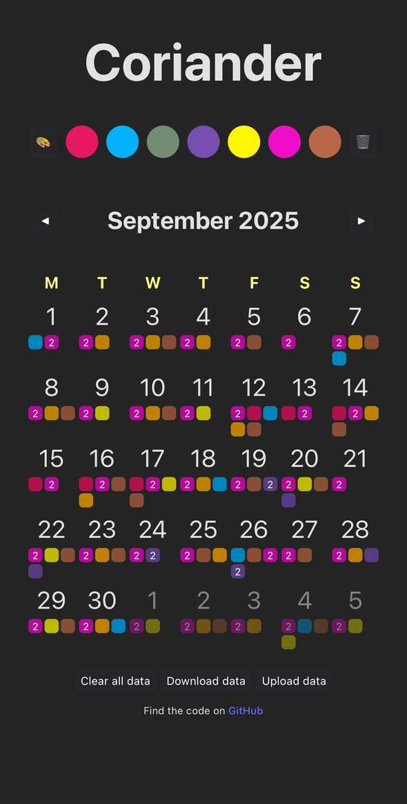 a screenshot of the app, with a row of color controls on top, a calender month view with days marked with colors on bottom